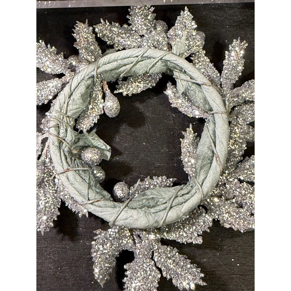 Silver Glitter Berry Leaf Napkin Rings Set of 6 Holiday Christmas Table Decor